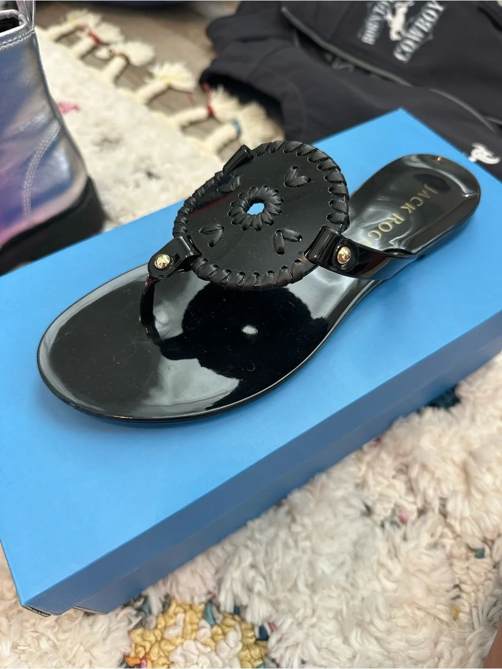 Jack Rogers Black Patent Leather Georgica Thong Sandals
